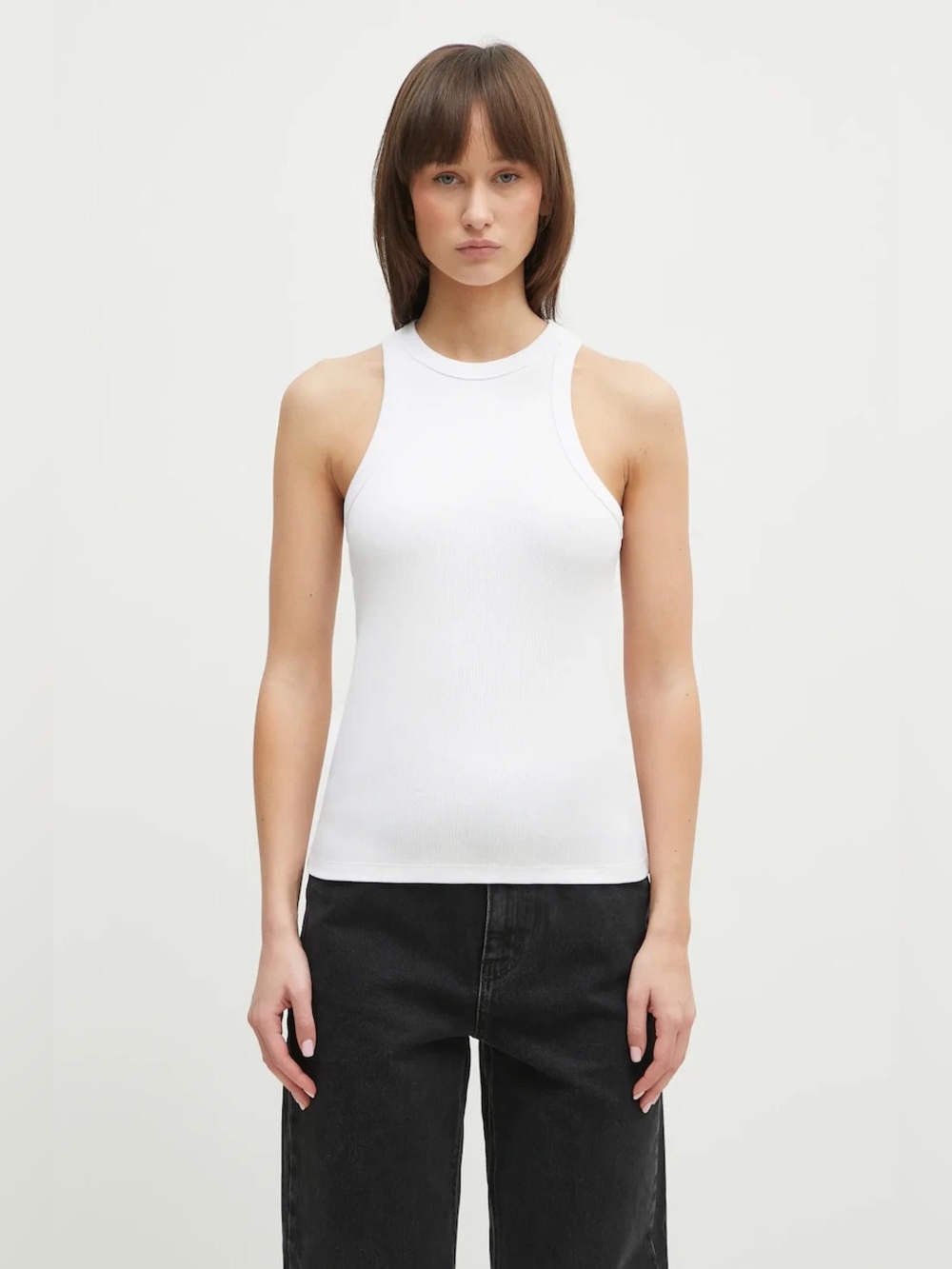 ANINE BING Eva Organic Cotton Ribbed Tank Top White High Neck Racerback Size S
